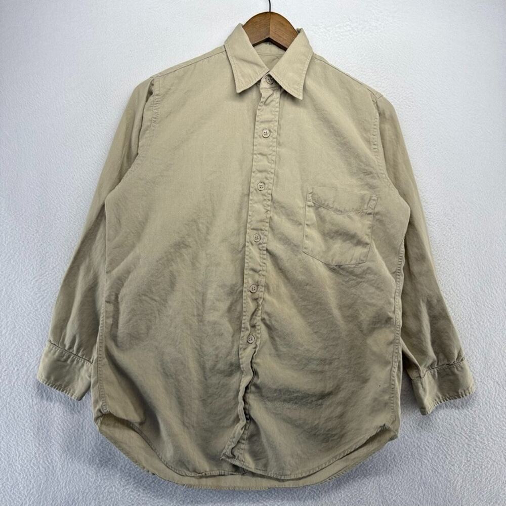 Vintage 50s Army Shirt mens Small Beige Khaki Twill Patches Korean War Era